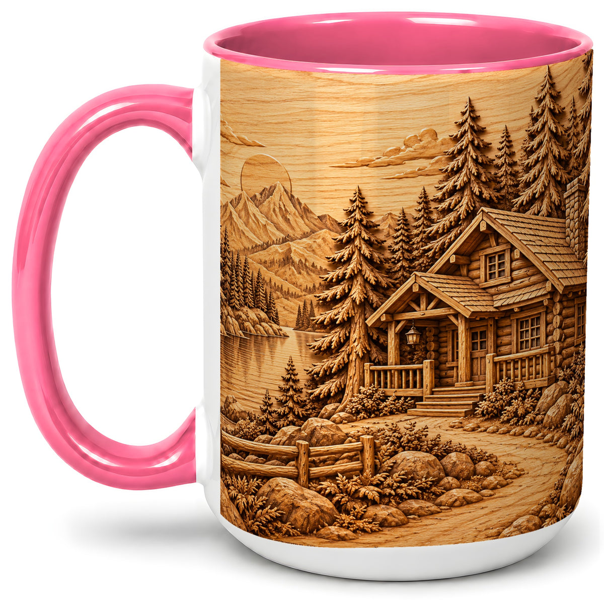 #pl[15oz|Pink] Rustic Cabin Accent Mug, Ceramic Drinkware for Mountain Lovers