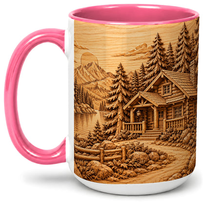 #pl[15oz|Pink] Rustic Cabin Accent Mug, Ceramic Drinkware for Mountain Lovers