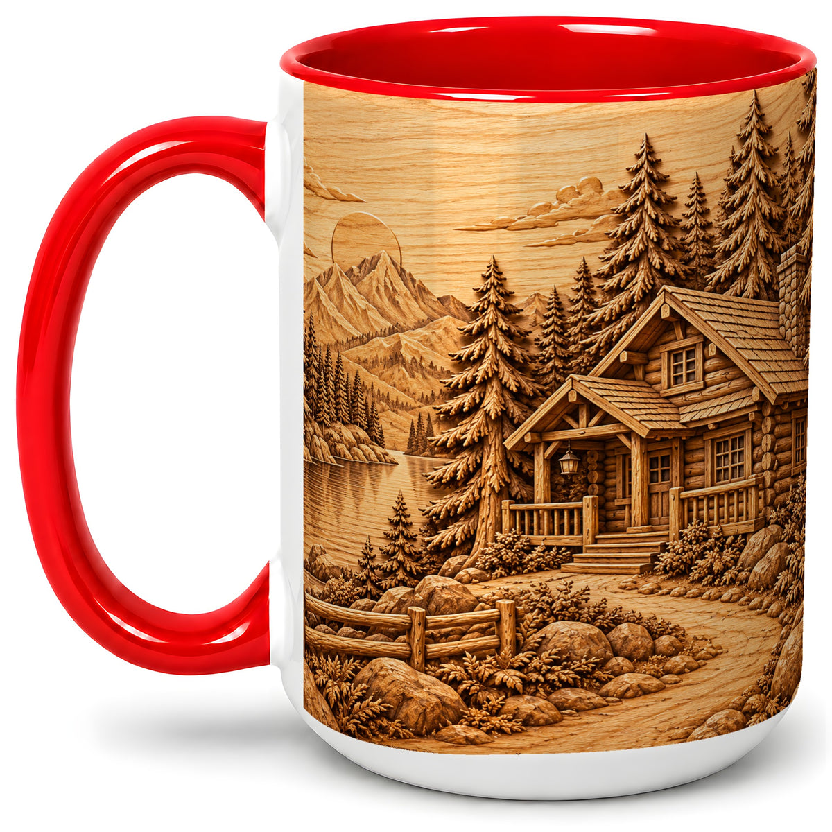 #pl[15oz|Red] Rustic Cabin Accent Mug, Ceramic Drinkware for Mountain Lovers