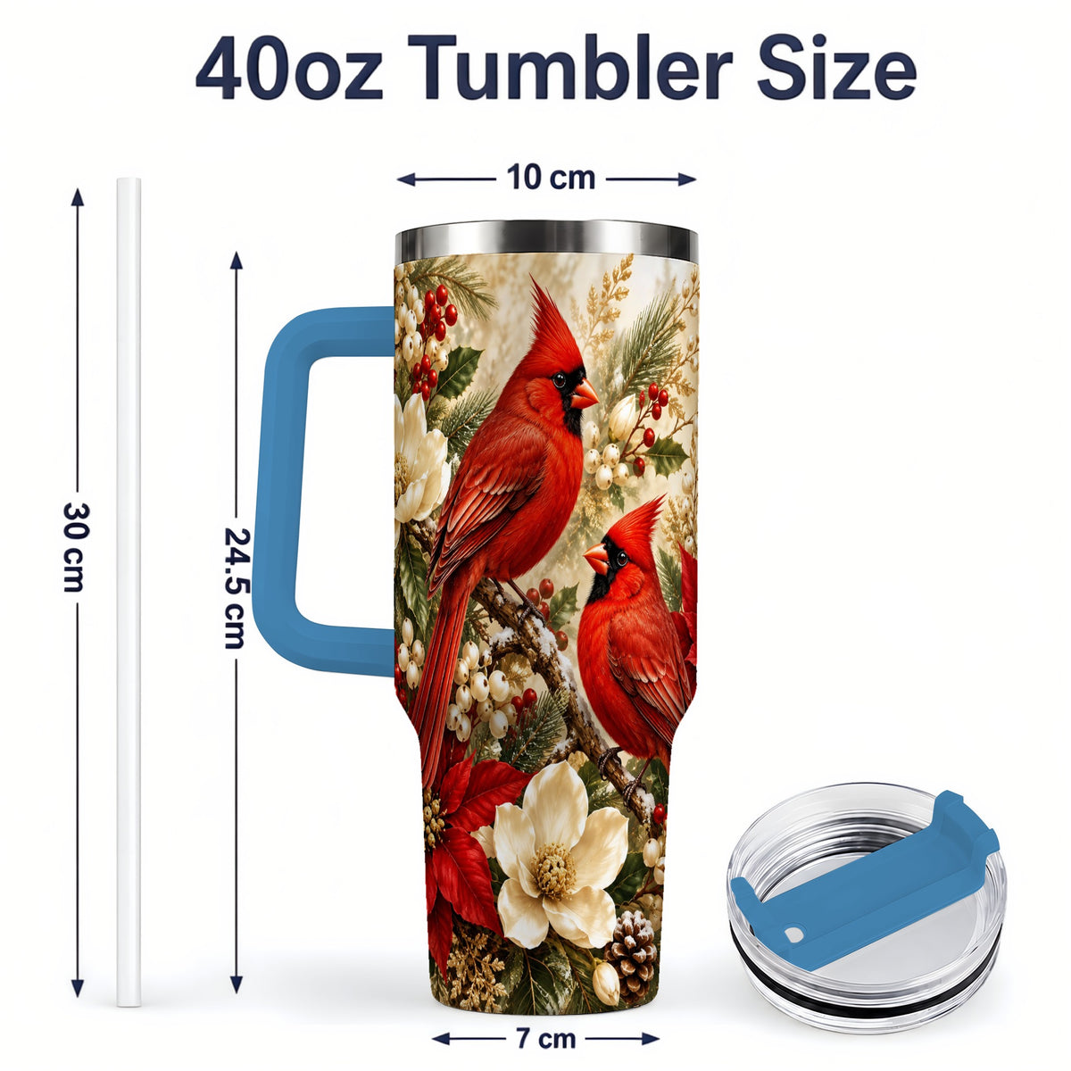 #pl[40oz|Blue] Winter Cardinal 40oz Tumbler, Drinkware for Bird Lovers