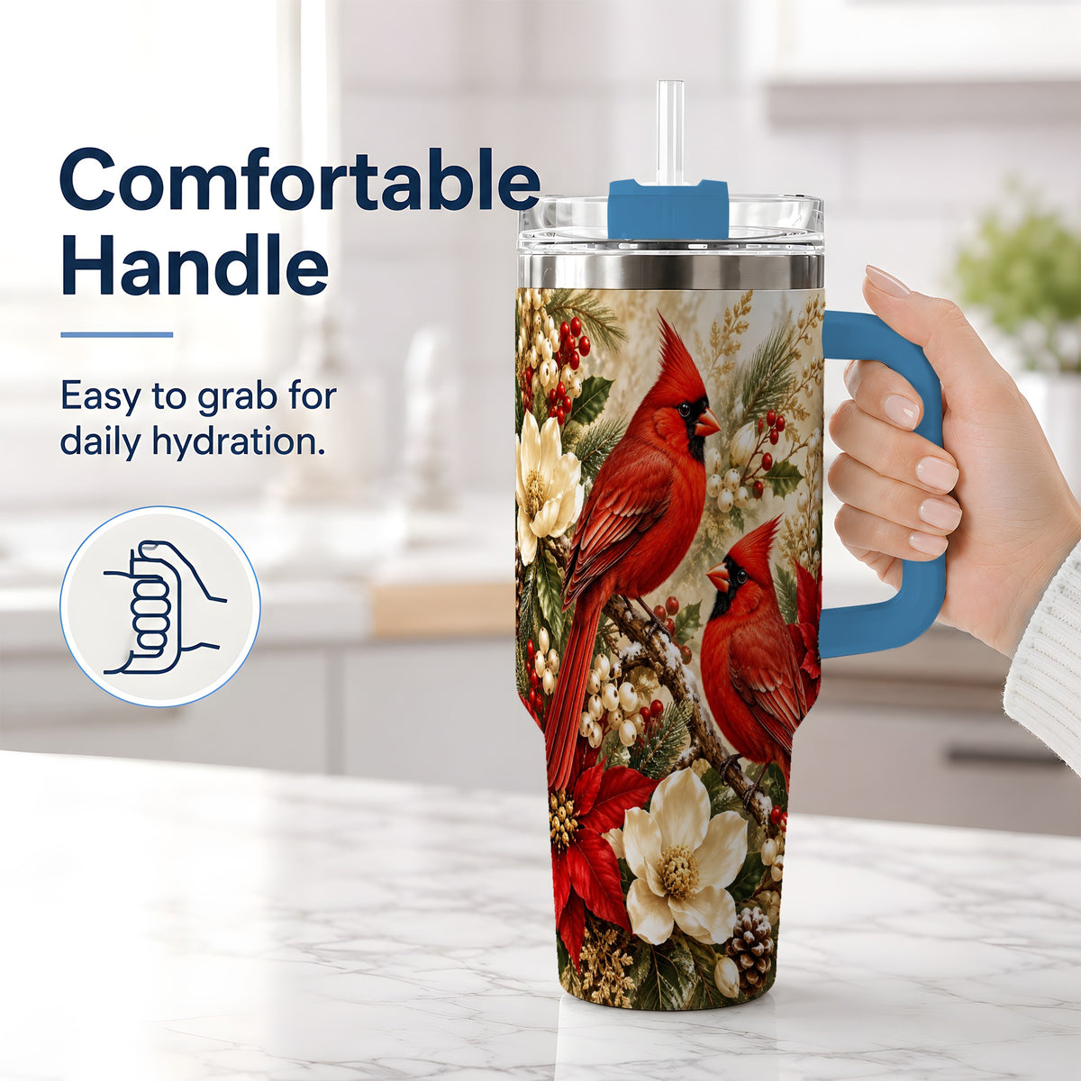 #pl[40oz|Blue] Winter Cardinal 40oz Tumbler, Drinkware for Bird Lovers