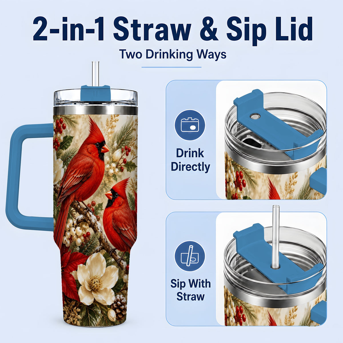 #pl[40oz|Blue] Winter Cardinal 40oz Tumbler, Drinkware for Bird Lovers