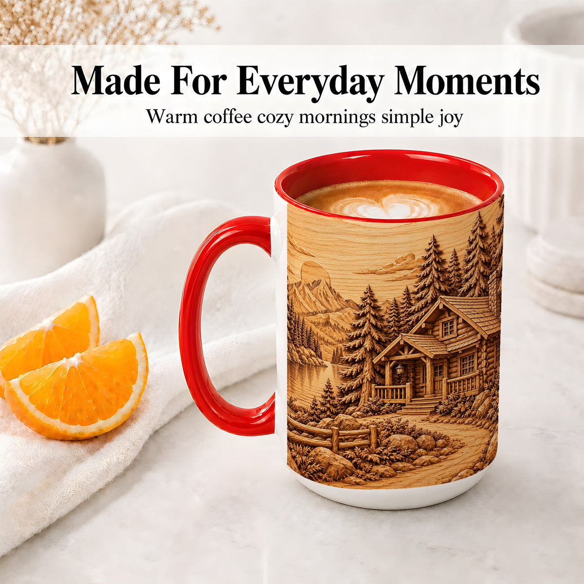 #pl[15oz|Red] Rustic Cabin Accent Mug, Ceramic Drinkware for Mountain Lovers