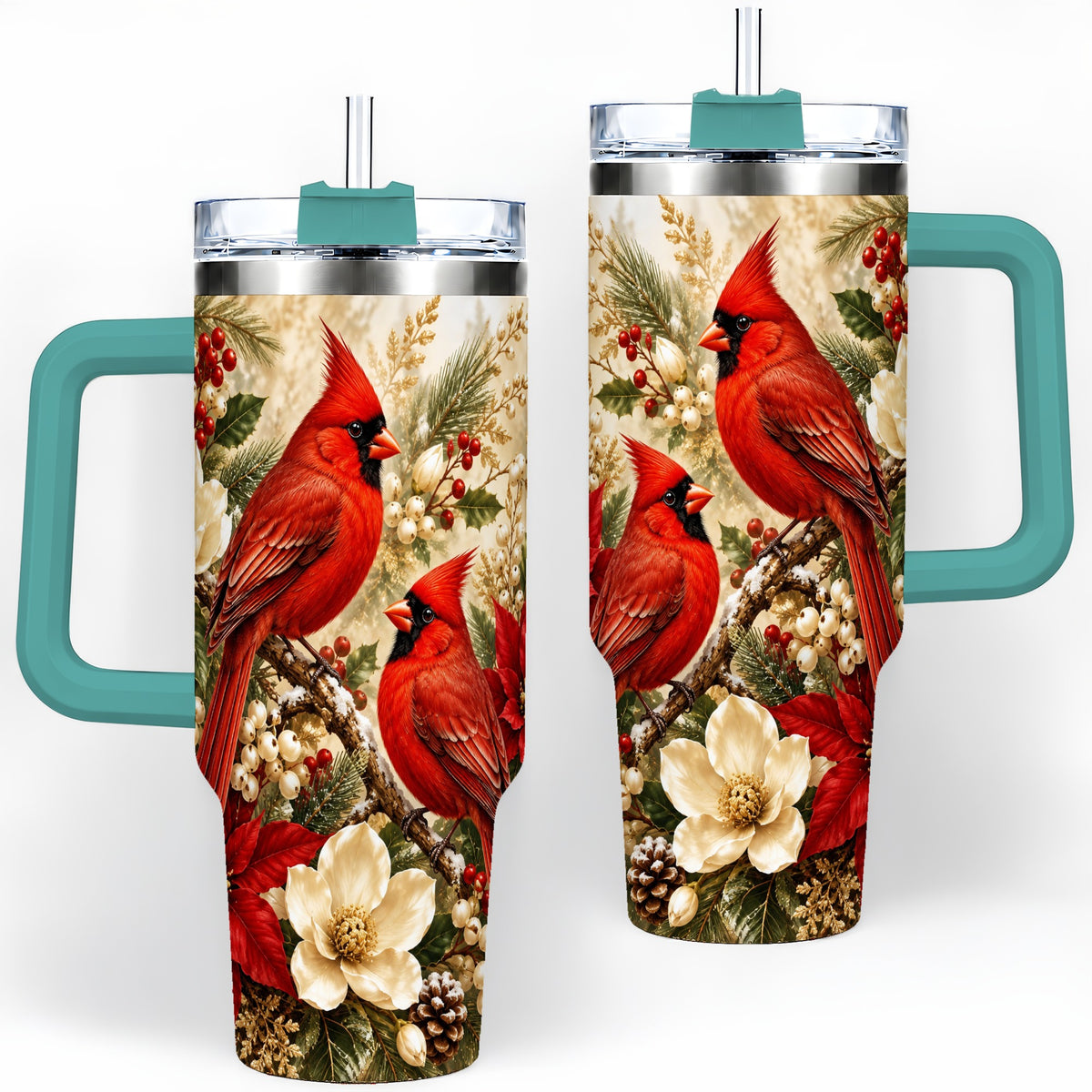 #pl[40oz|Green] Winter Cardinal 40oz Tumbler, Drinkware for Bird Lovers