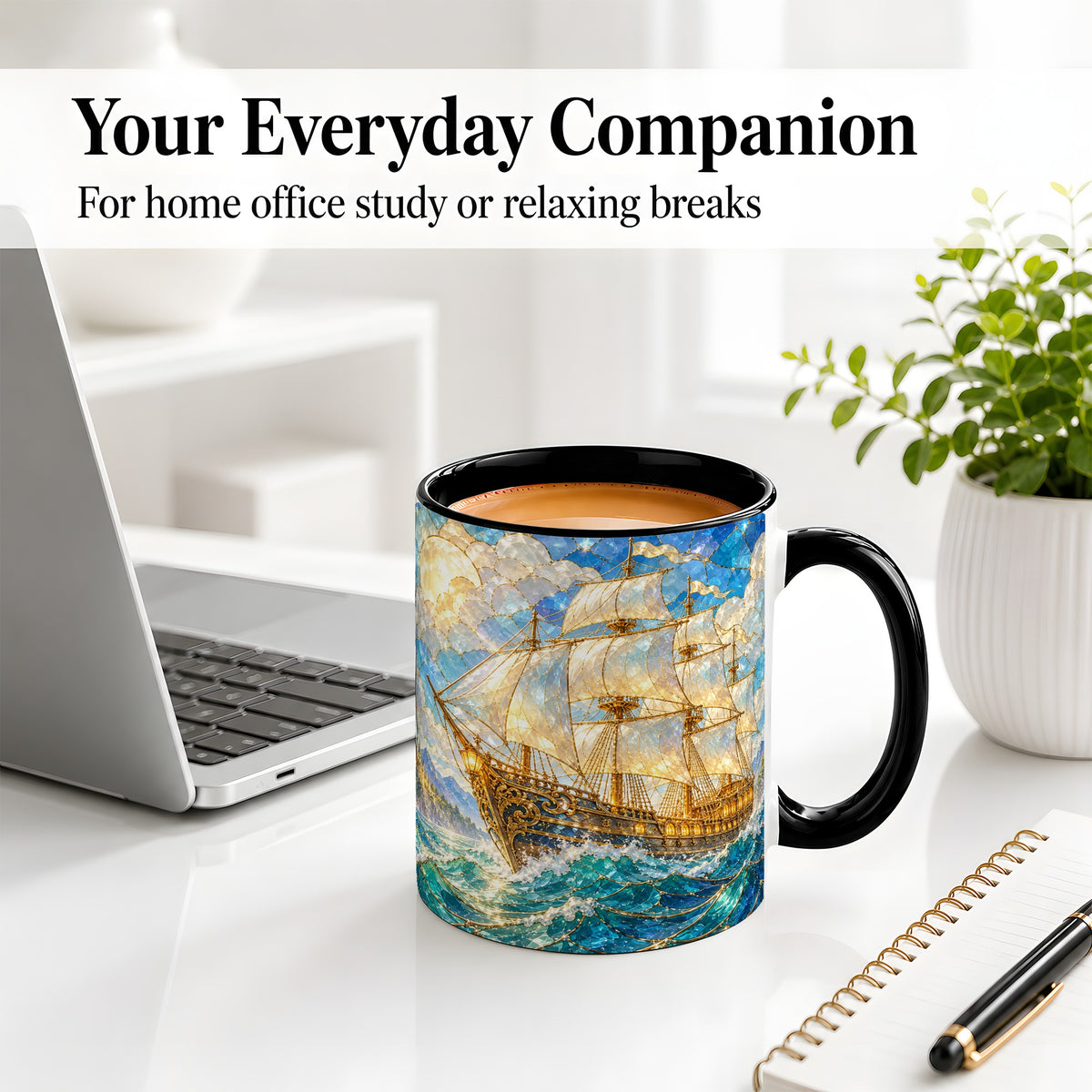 #pl[11oz|Black] Sailing Ship Accent Mug, Ceramic Drinkware for Nautical Fans