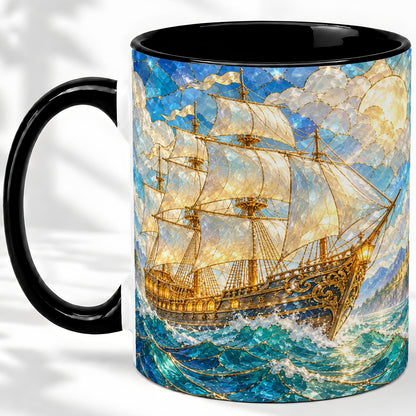 #pl[11oz|Black] Sailing Ship Accent Mug, Ceramic Drinkware for Nautical Fans