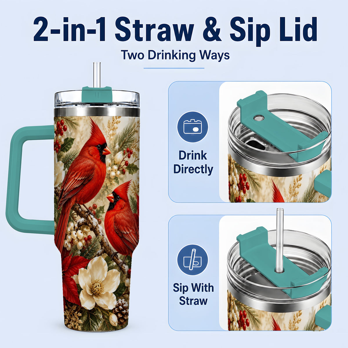 #pl[40oz|Green] Winter Cardinal 40oz Tumbler, Drinkware for Bird Lovers