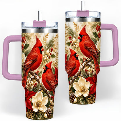 #pl[40oz|Pink] Winter Cardinal 40oz Tumbler, Drinkware for Bird Lovers