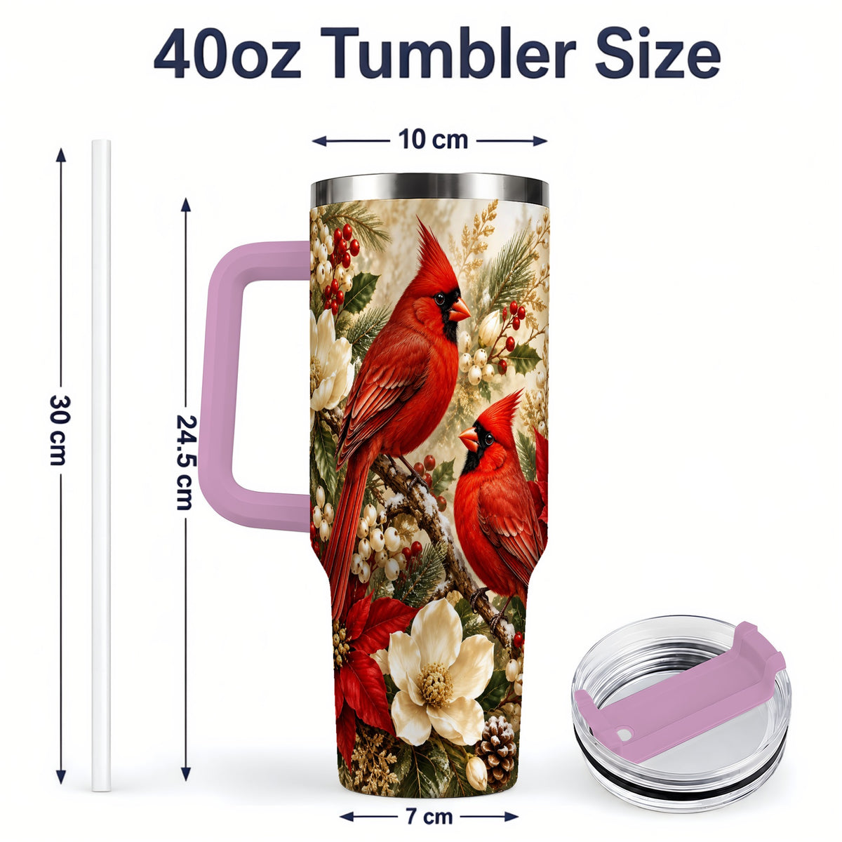 #pl[40oz|Pink] Winter Cardinal 40oz Tumbler, Drinkware for Bird Lovers