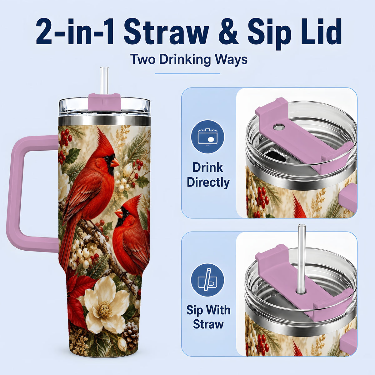 #pl[40oz|Pink] Winter Cardinal 40oz Tumbler, Drinkware for Bird Lovers