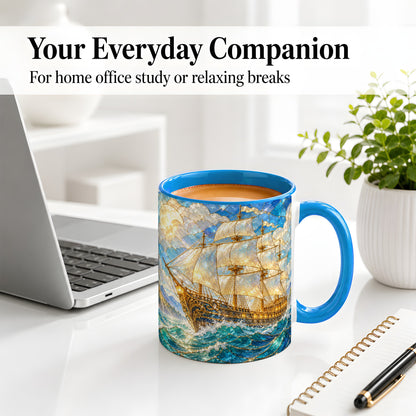 #pl[11oz|Blue] Sailing Ship Accent Mug, Ceramic Drinkware for Nautical Fans