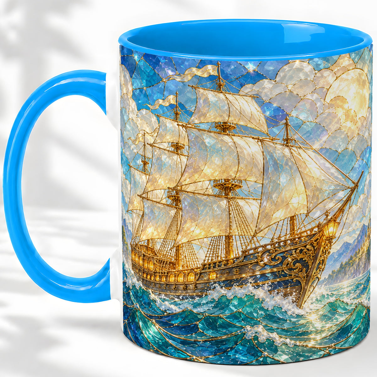 #pl[11oz|Blue] Sailing Ship Accent Mug, Ceramic Drinkware for Nautical Fans
