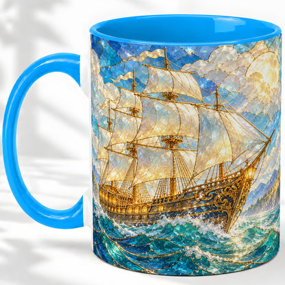 #pl[11oz|Blue] Sailing Ship Accent Mug, Ceramic Drinkware for Nautical Fans