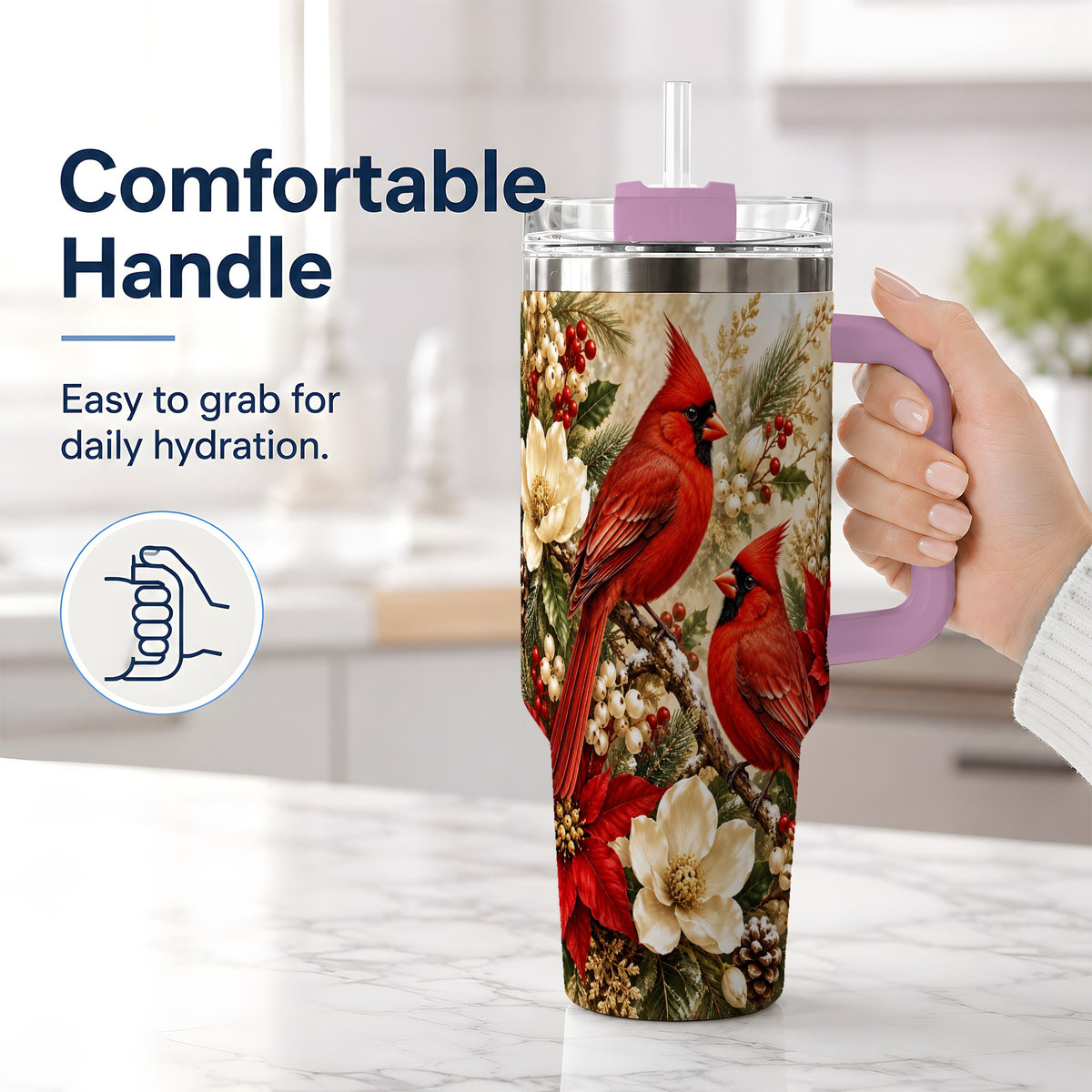 #pl[40oz|Pink] Winter Cardinal 40oz Tumbler, Drinkware for Bird Lovers