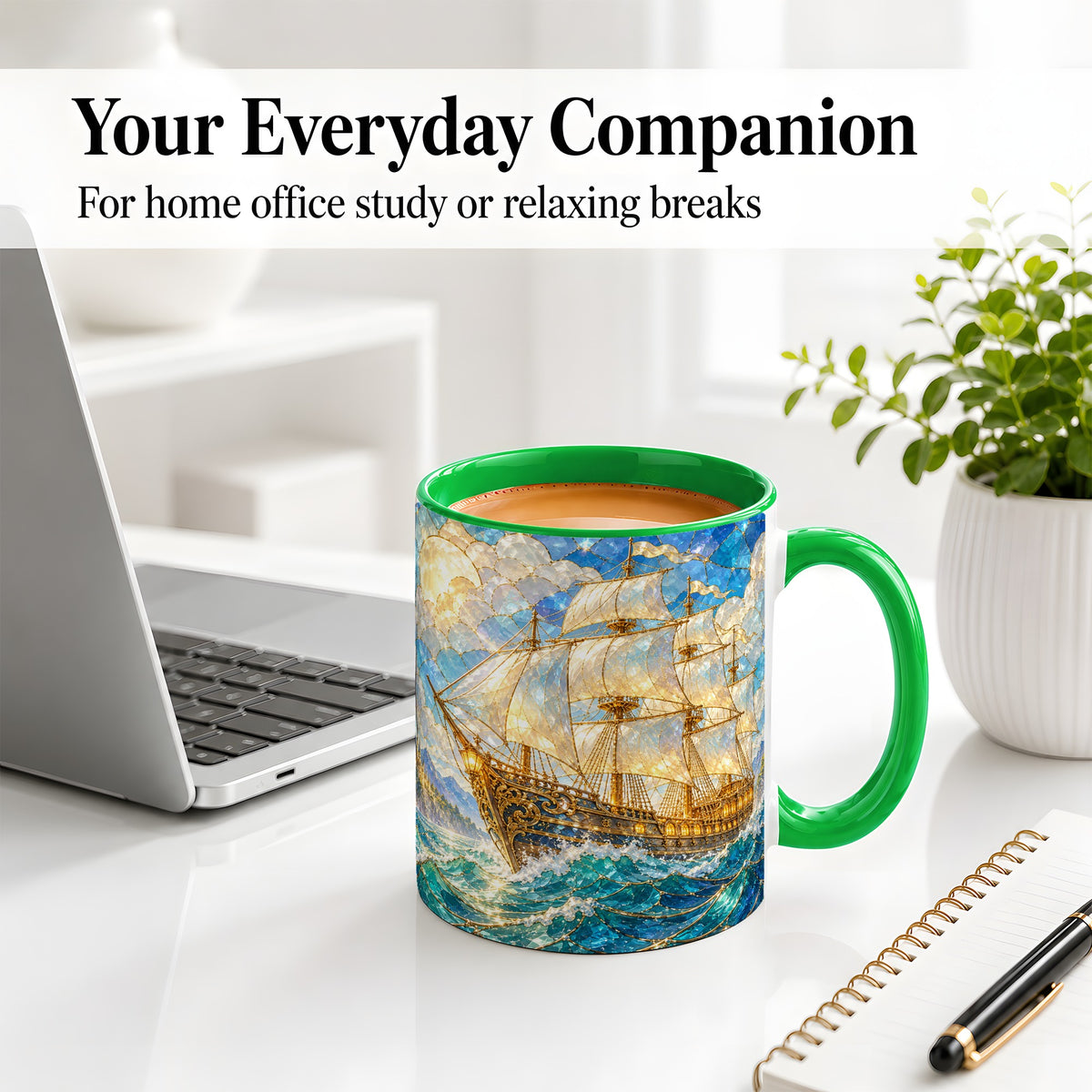 #pl[11oz|Green] Sailing Ship Accent Mug, Ceramic Drinkware for Nautical Fans