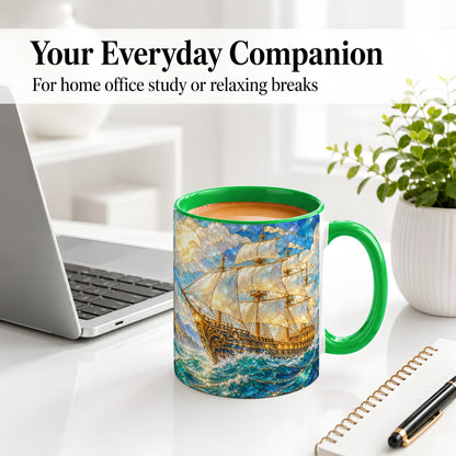 #pl[11oz|Green] Sailing Ship Accent Mug, Ceramic Drinkware for Nautical Fans