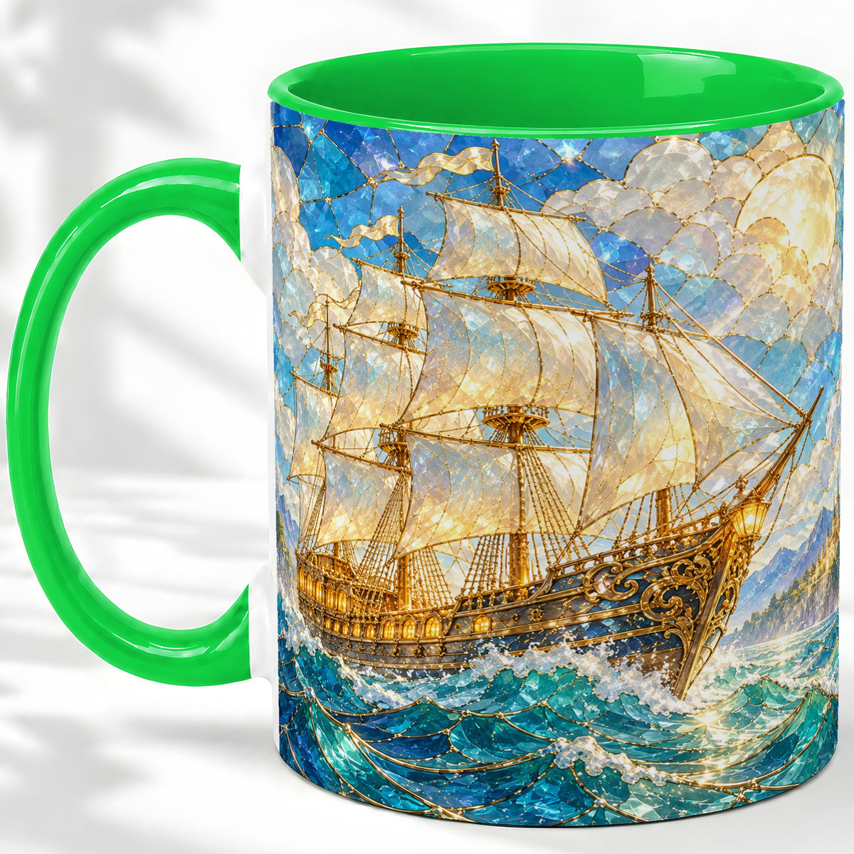 #pl[11oz|Green] Sailing Ship Accent Mug, Ceramic Drinkware for Nautical Fans
