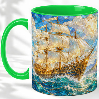 #pl[11oz|Green] Sailing Ship Accent Mug, Ceramic Drinkware for Nautical Fans