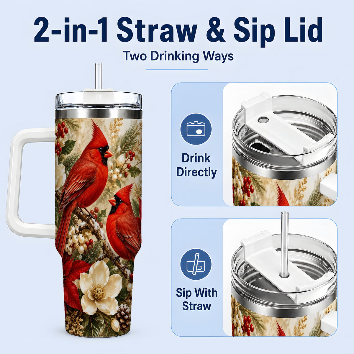 #pl[40oz|White] Winter Cardinal 40oz Tumbler, Drinkware for Bird Lovers