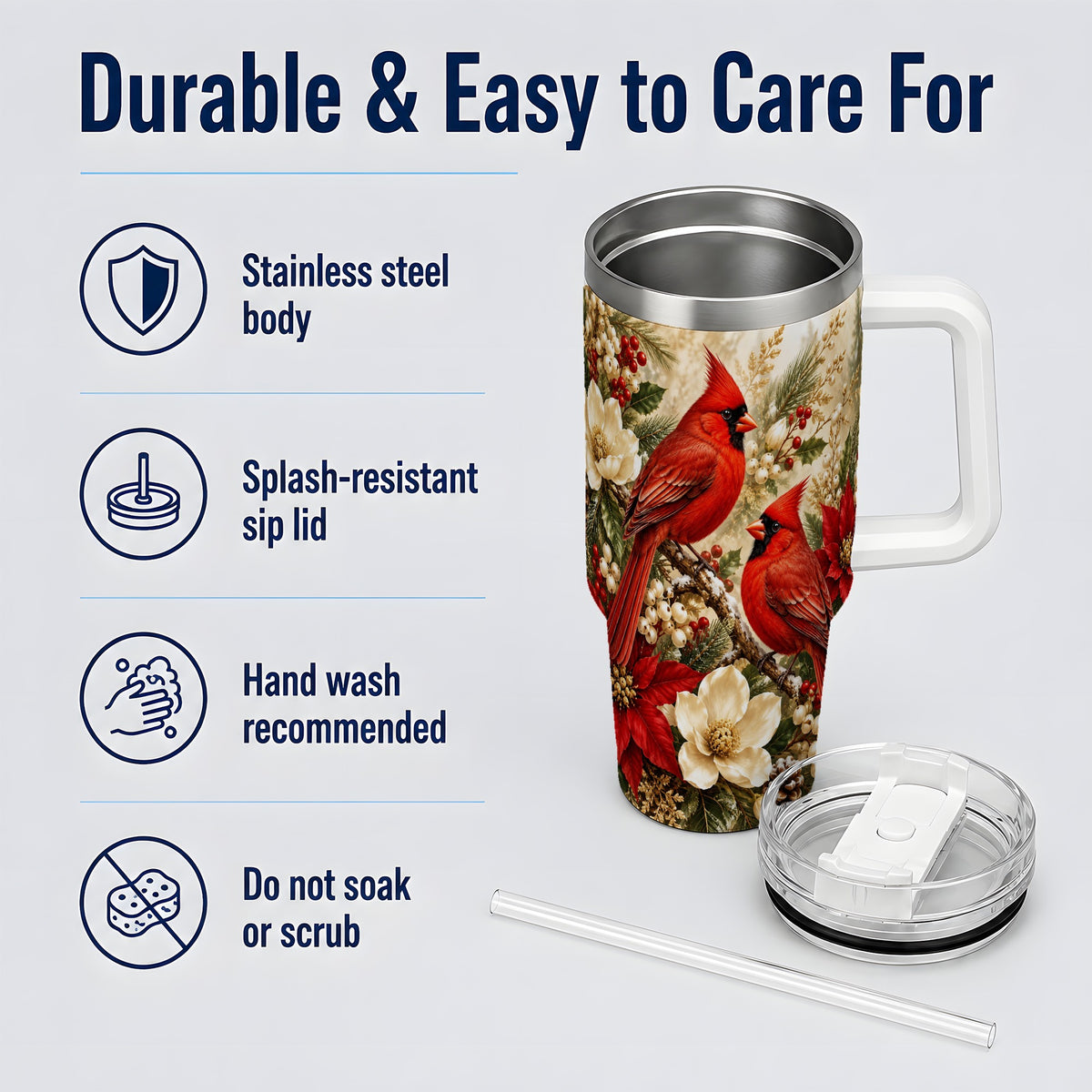 Winter Cardinal 40oz Tumbler, Drinkware for Bird Lovers