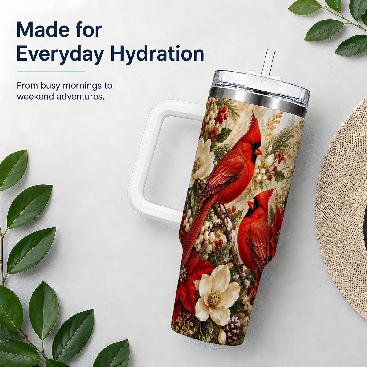 Winter Cardinal 40oz Tumbler, Drinkware for Bird Lovers