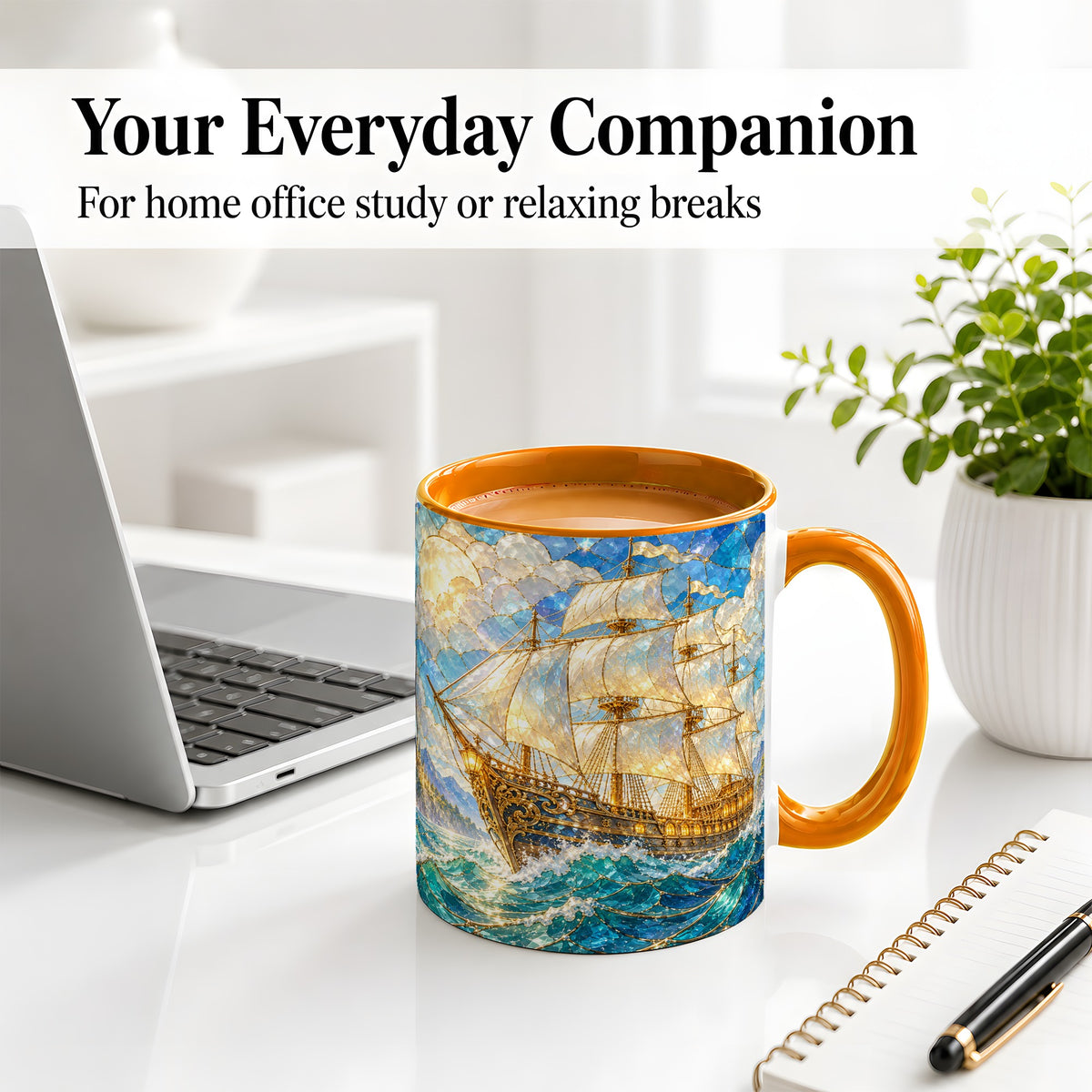 #pl[11oz|Orange] Sailing Ship Accent Mug, Ceramic Drinkware for Nautical Fans
