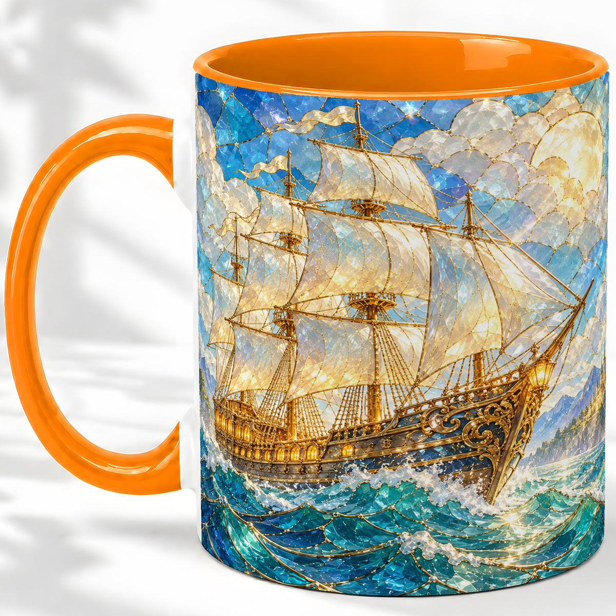 #pl[11oz|Orange] Sailing Ship Accent Mug, Ceramic Drinkware for Nautical Fans