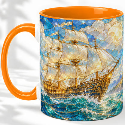 #pl[11oz|Orange] Sailing Ship Accent Mug, Ceramic Drinkware for Nautical Fans