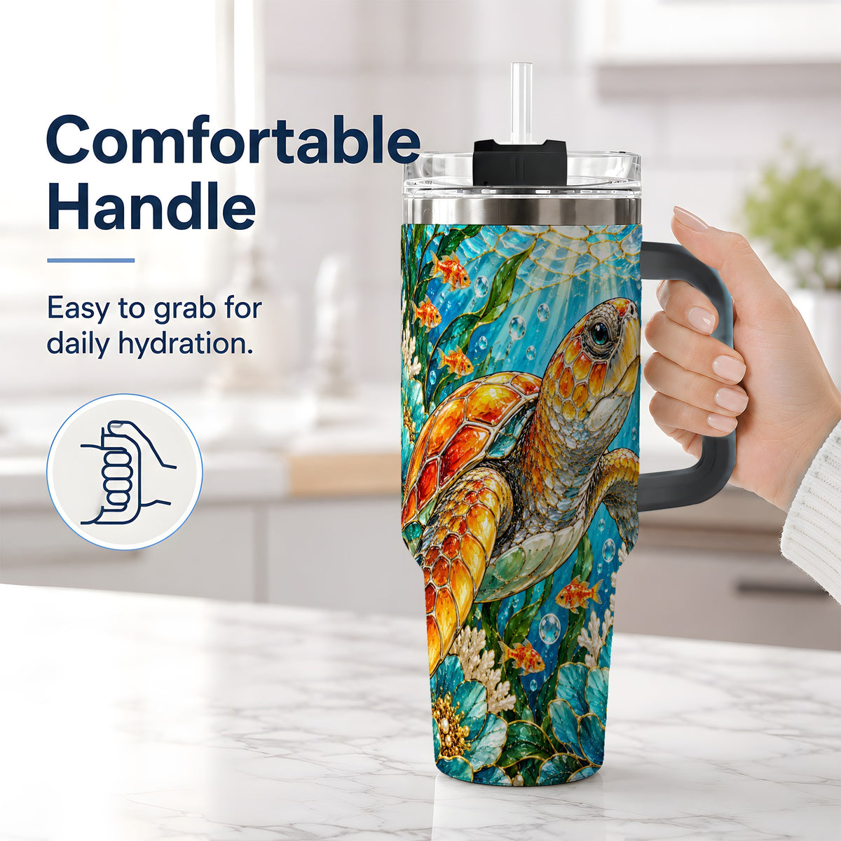 #pl[40oz|Black] Sea Turtle Floral 40oz Tumbler, Drinkware for Turtle Lovers