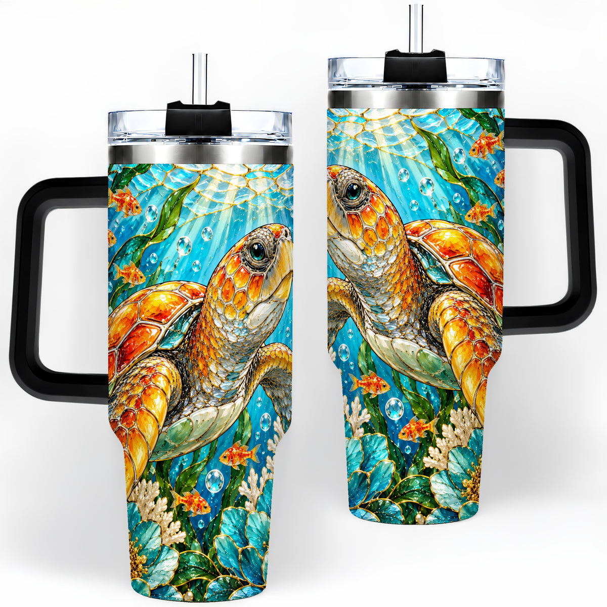 #pl[40oz|Black] Sea Turtle Floral 40oz Tumbler, Drinkware for Turtle Lovers