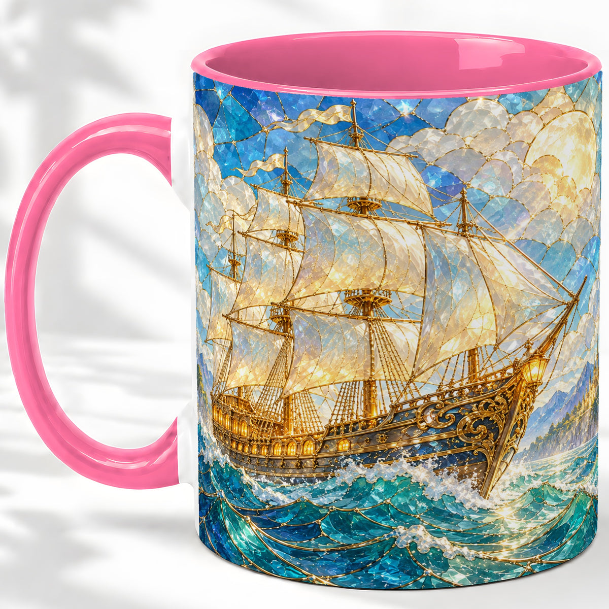#pl[11oz|Pink] Sailing Ship Accent Mug, Ceramic Drinkware for Nautical Fans