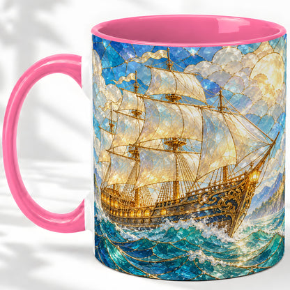 #pl[11oz|Pink] Sailing Ship Accent Mug, Ceramic Drinkware for Nautical Fans