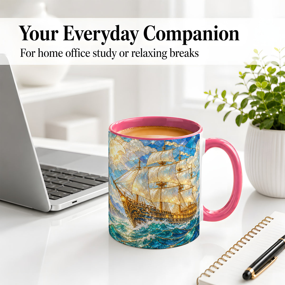 #pl[11oz|Pink] Sailing Ship Accent Mug, Ceramic Drinkware for Nautical Fans