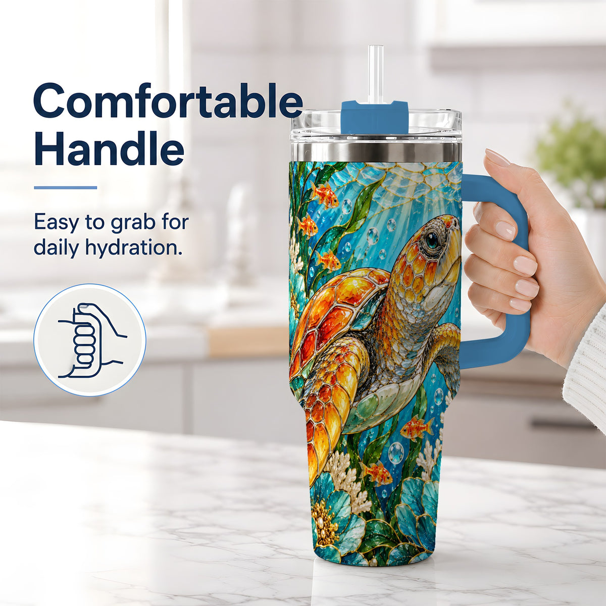 #pl[40oz|Blue] Sea Turtle Floral 40oz Tumbler, Drinkware for Turtle Lovers