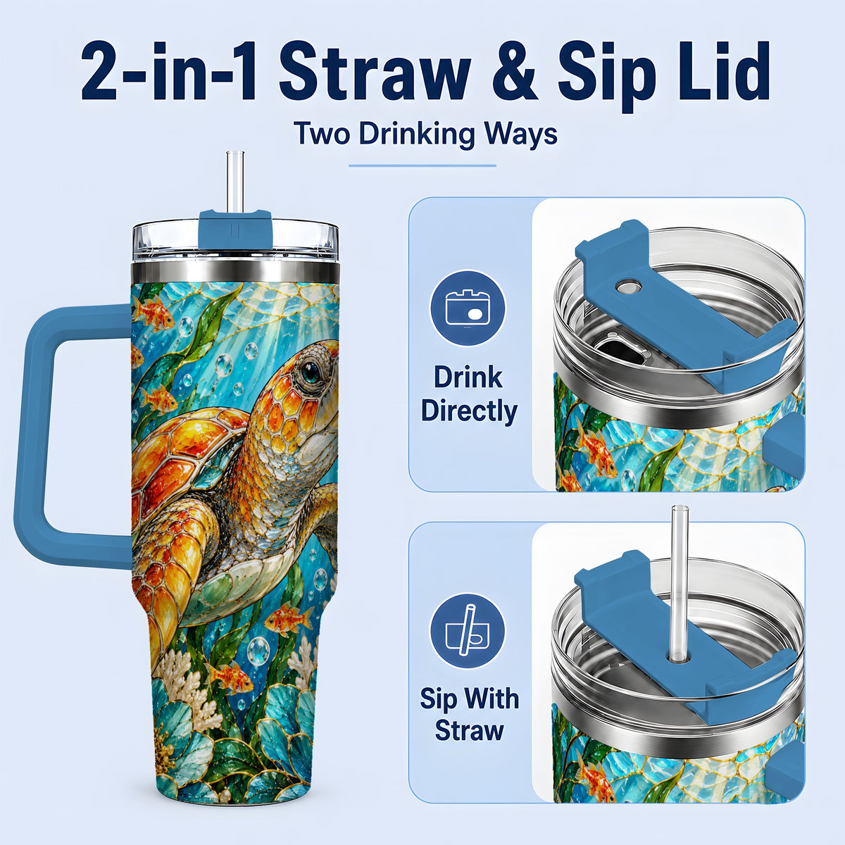 #pl[40oz|Blue] Sea Turtle Floral 40oz Tumbler, Drinkware for Turtle Lovers