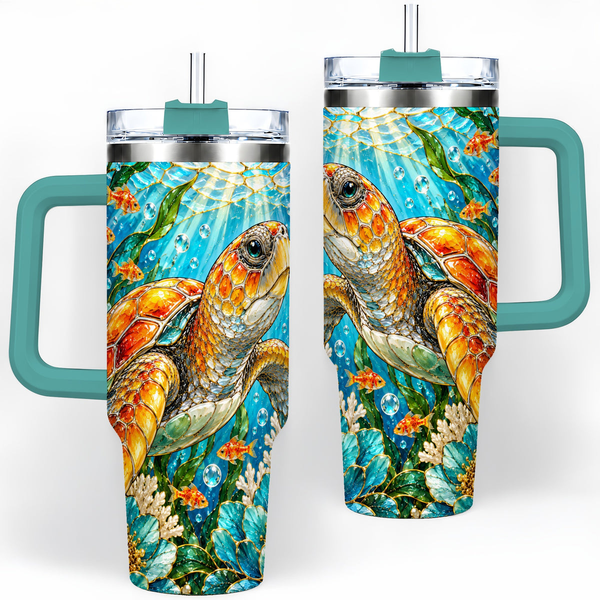 #pl[40oz|Green] Sea Turtle Floral 40oz Tumbler, Drinkware for Turtle Lovers