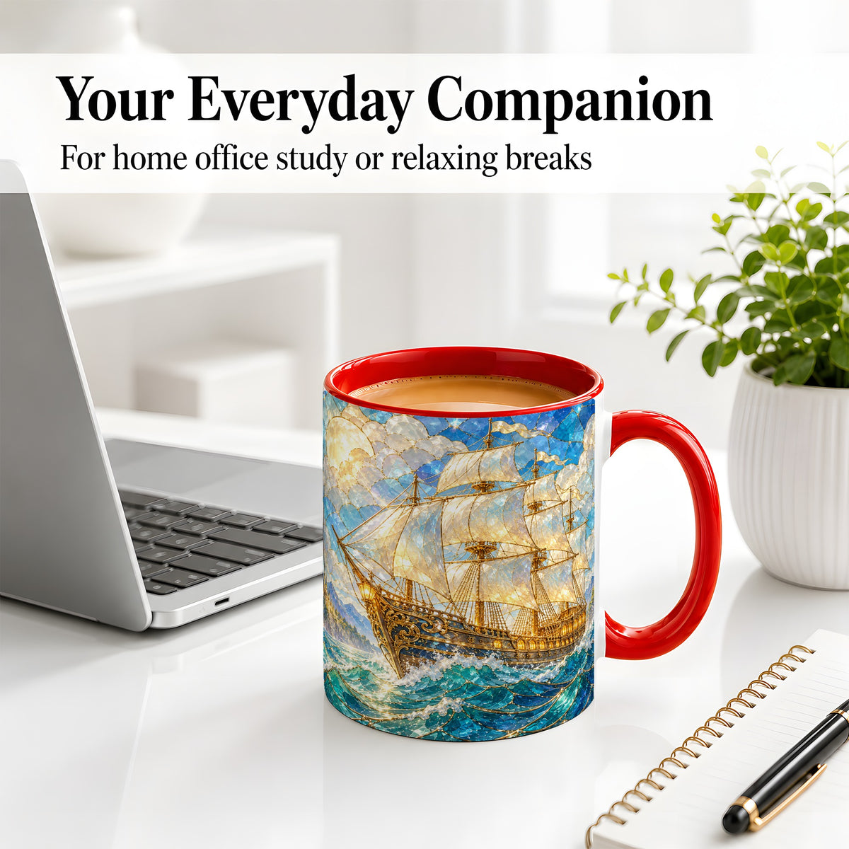 #pl[11oz|Red] Sailing Ship Accent Mug, Ceramic Drinkware for Nautical Fans