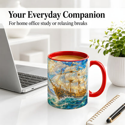 #pl[11oz|Red] Sailing Ship Accent Mug, Ceramic Drinkware for Nautical Fans