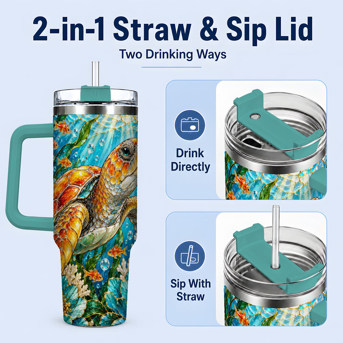 #pl[40oz|Green] Sea Turtle Floral 40oz Tumbler, Drinkware for Turtle Lovers