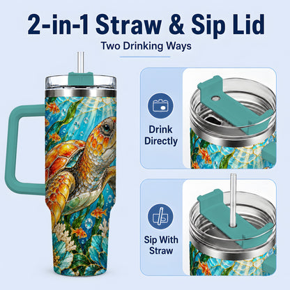 #pl[40oz|Green] Sea Turtle Floral 40oz Tumbler, Drinkware for Turtle Lovers