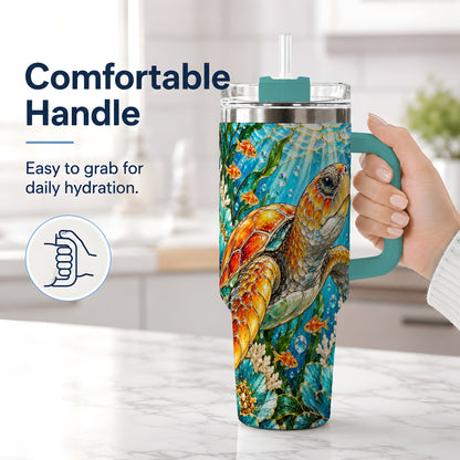 #pl[40oz|Green] Sea Turtle Floral 40oz Tumbler, Drinkware for Turtle Lovers