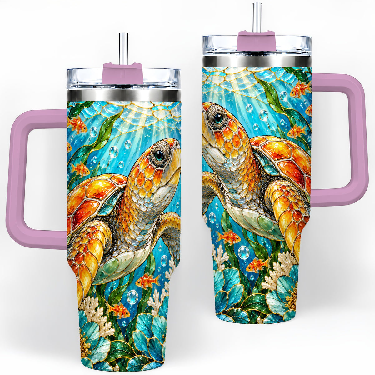 #pl[40oz|Pink] Sea Turtle Floral 40oz Tumbler, Drinkware for Turtle Lovers