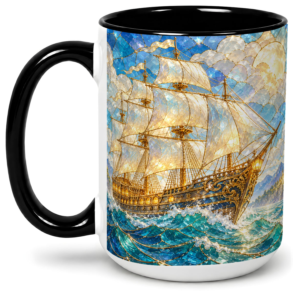 #pl[15oz|Black] Sailing Ship Accent Mug, Ceramic Drinkware for Nautical Fans