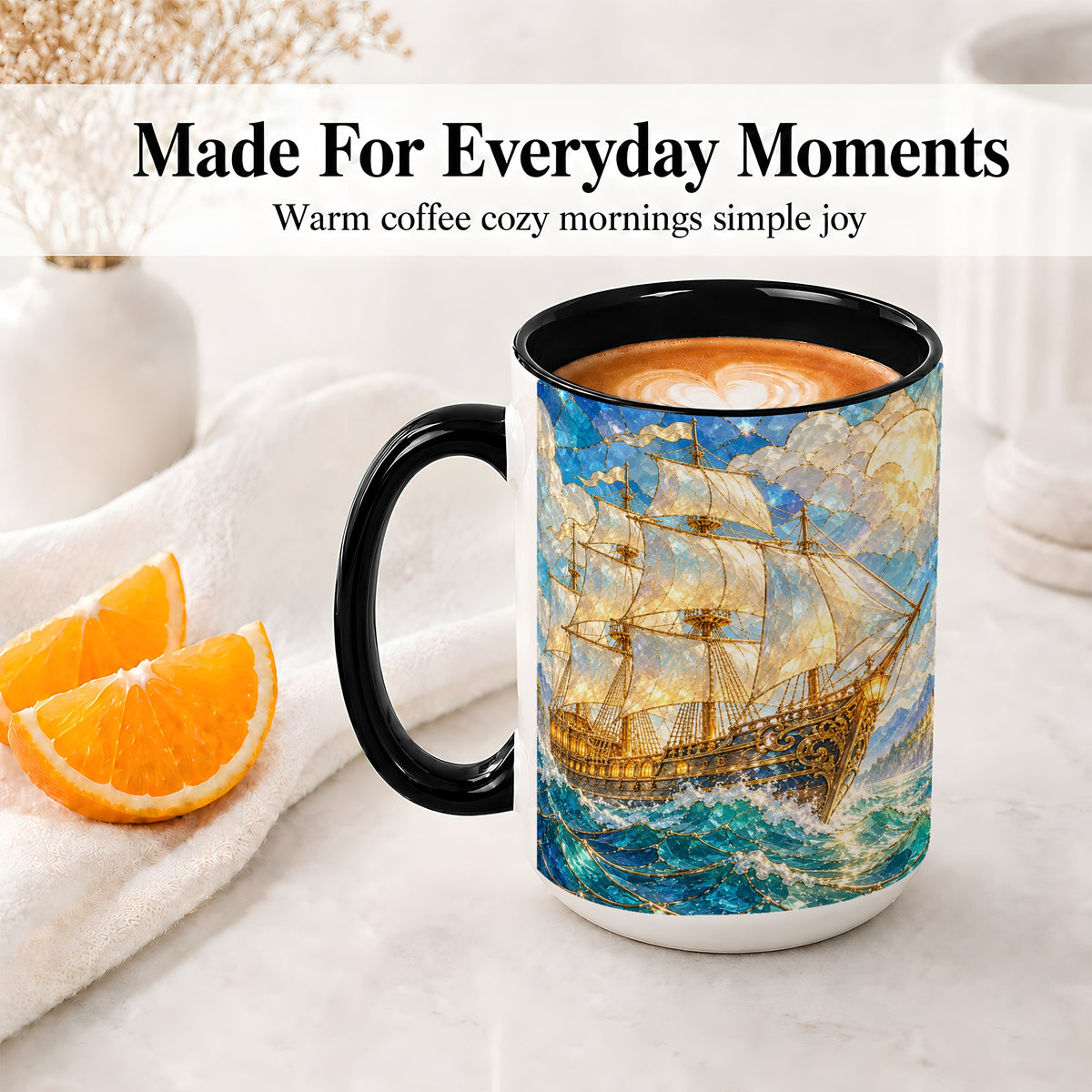 #pl[15oz|Black] Sailing Ship Accent Mug, Ceramic Drinkware for Nautical Fans
