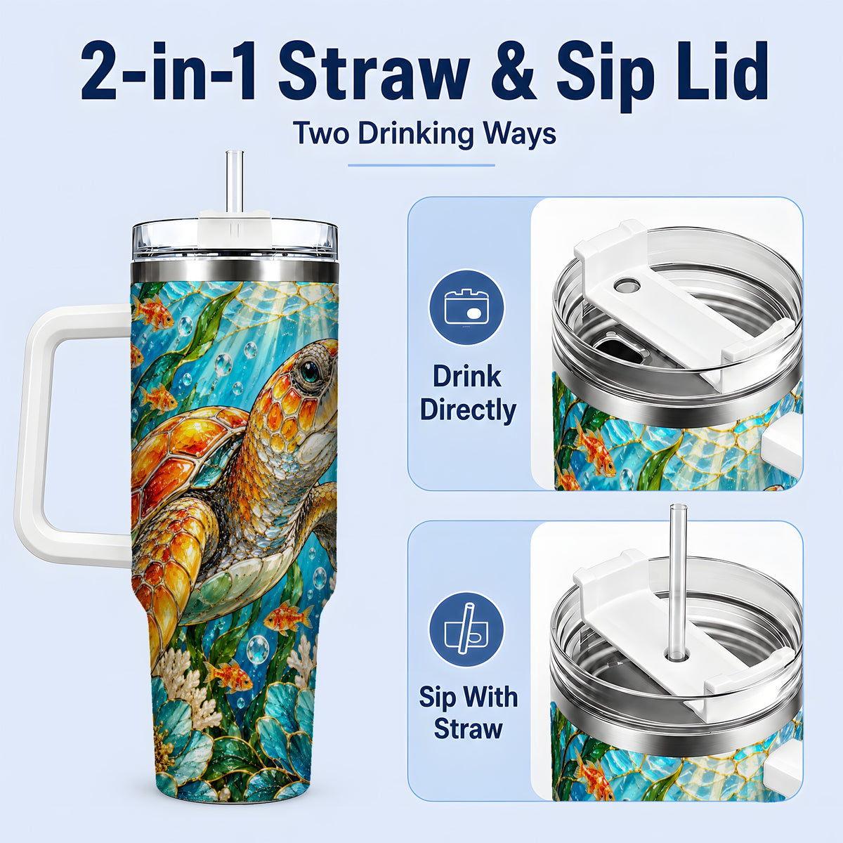 #pl[40oz|White] Sea Turtle Floral 40oz Tumbler, Drinkware for Turtle Lovers