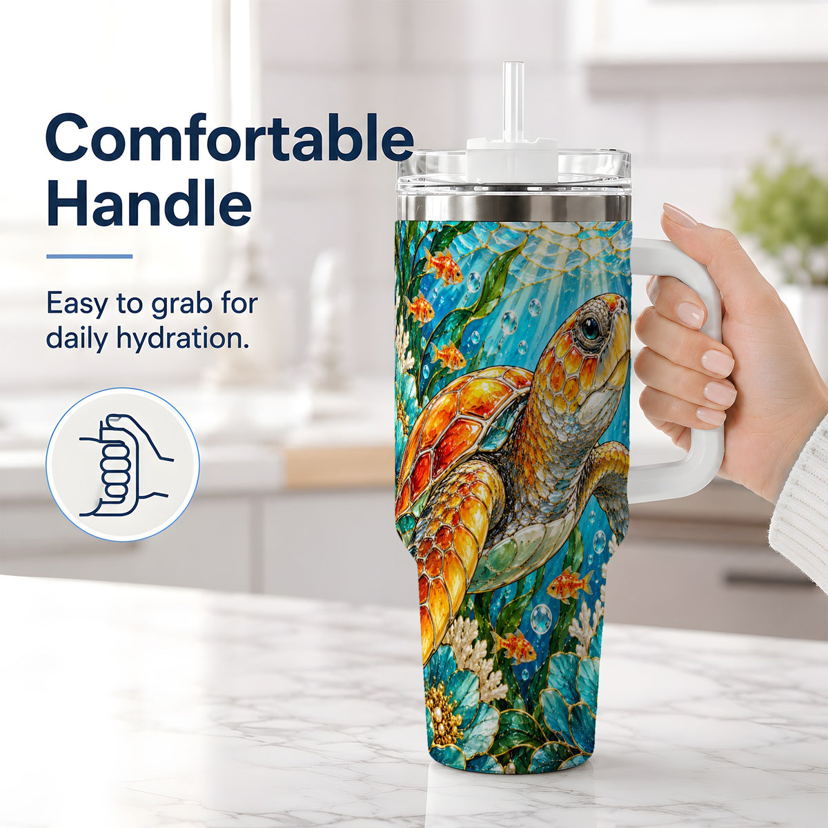 #pl[40oz|White] Sea Turtle Floral 40oz Tumbler, Drinkware for Turtle Lovers