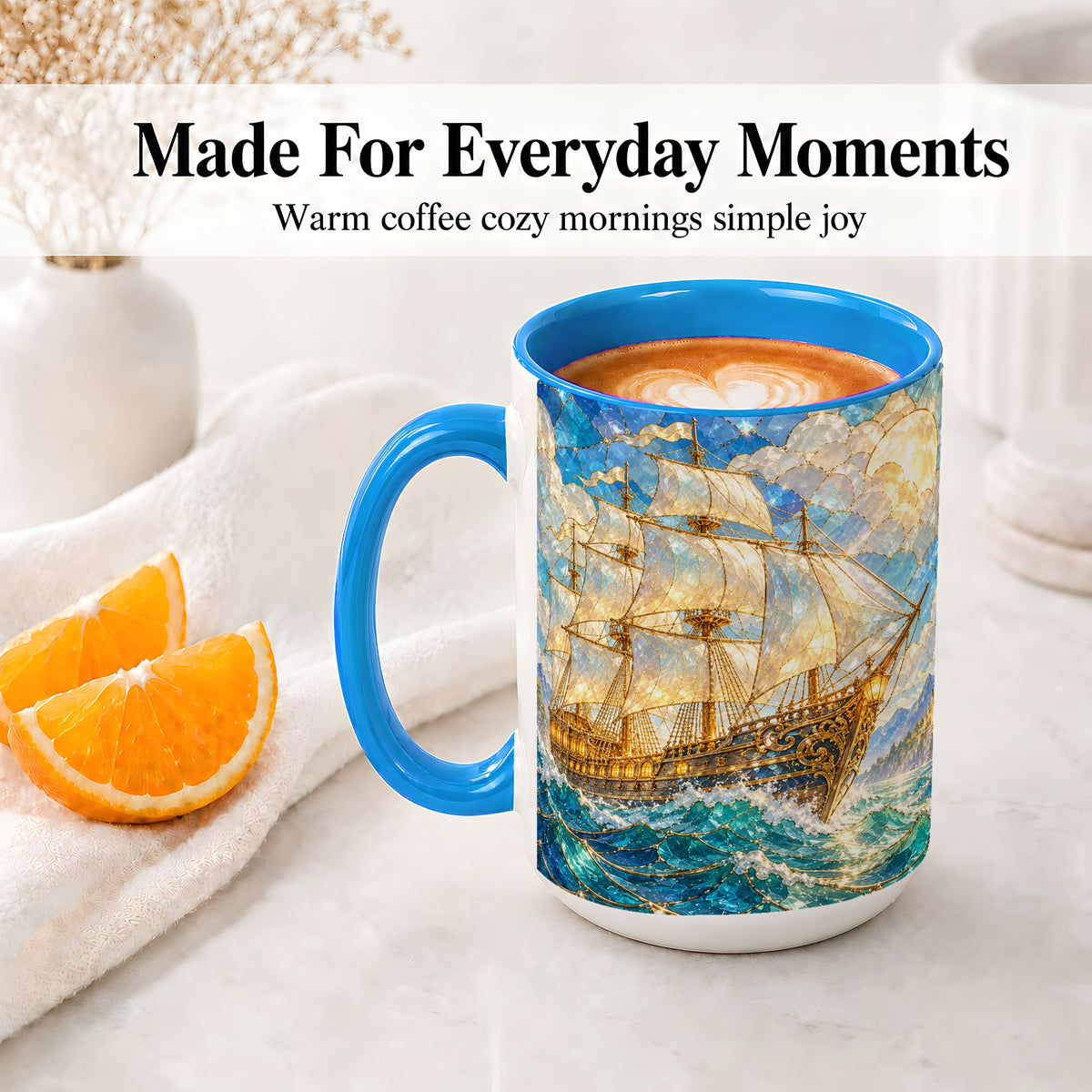 #pl[15oz|Blue] Sailing Ship Accent Mug, Ceramic Drinkware for Nautical Fans