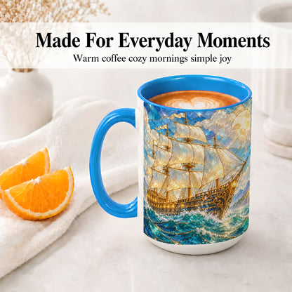 #pl[15oz|Blue] Sailing Ship Accent Mug, Ceramic Drinkware for Nautical Fans