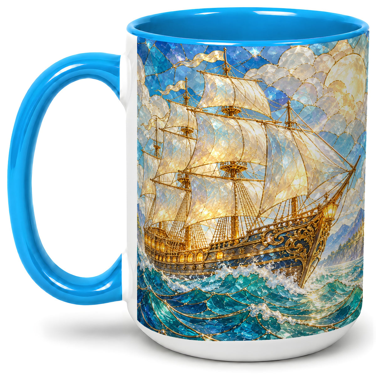 #pl[15oz|Blue] Sailing Ship Accent Mug, Ceramic Drinkware for Nautical Fans