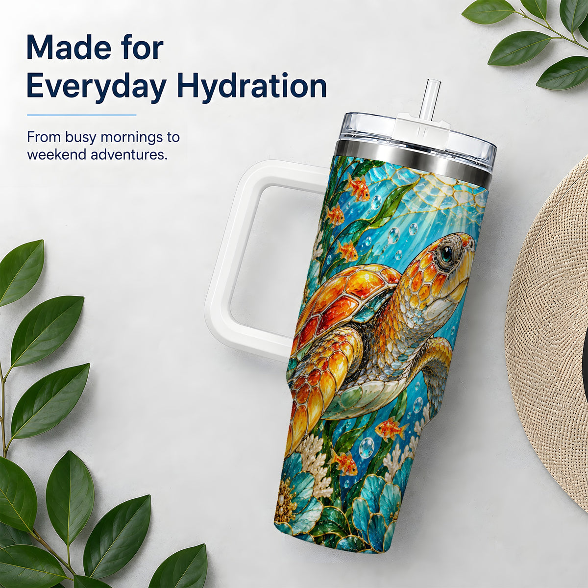 Sea Turtle Floral 40oz Tumbler, Drinkware for Turtle Lovers